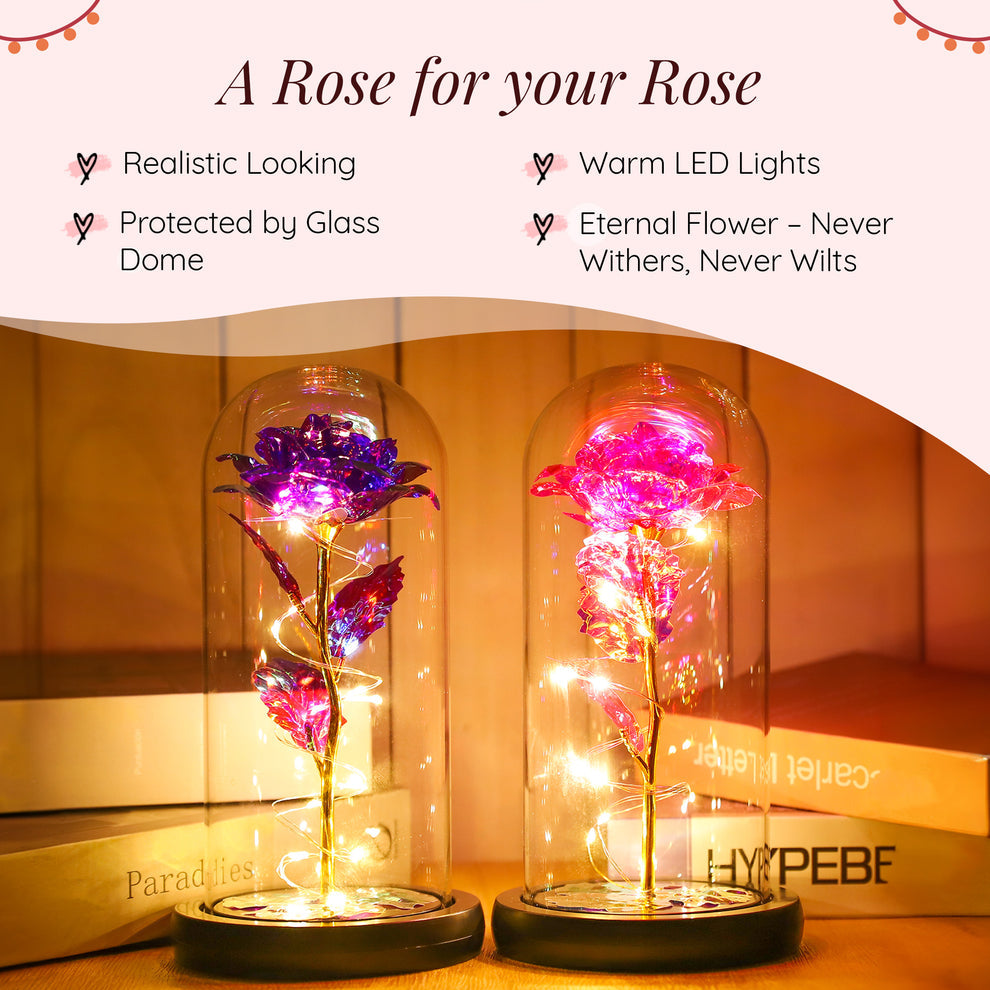 Pink Rose LED Light in Borosilicate Glass Dome | Mood Lighting Home Decor | Medium Size | All Seasons